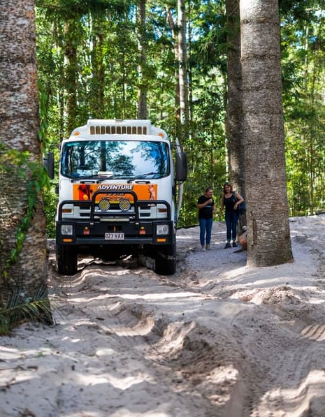 A group of people standing next to a tour vehicle on a sandy pathway