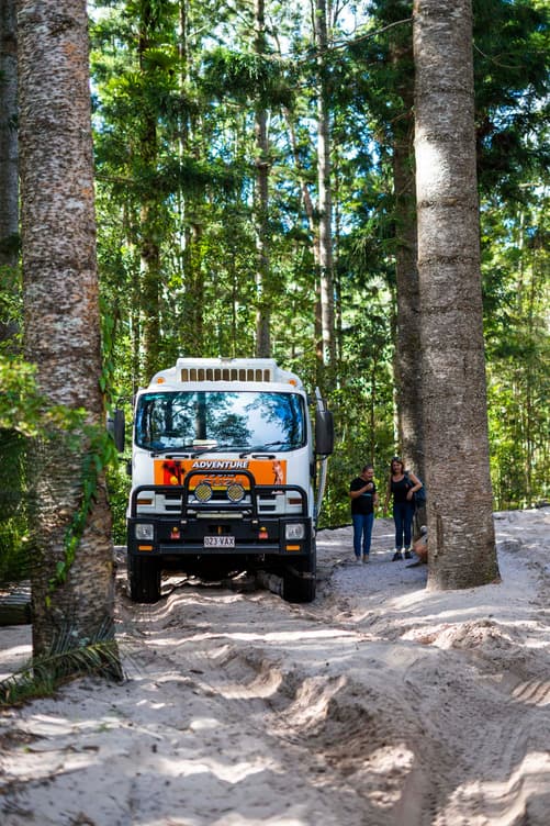A group of people standing next to a tour vehicle on a sandy pathway